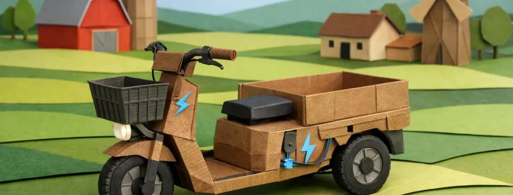 Chariot assistance électrique pour exploitations agricoles en Bretagne, stylisé en paper craft. Outil moderne.