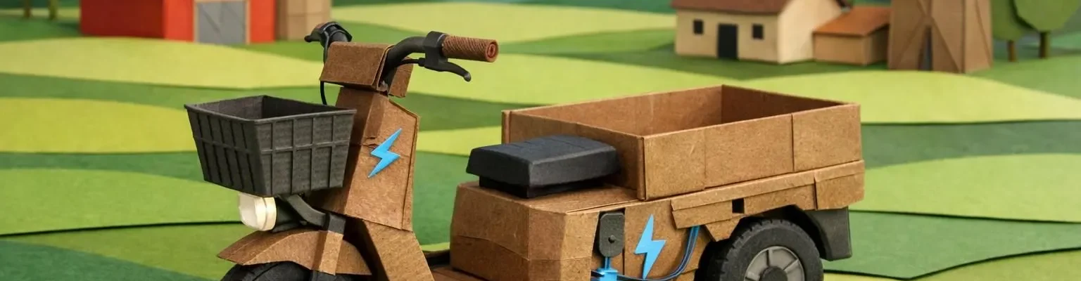 Chariot assistance électrique pour exploitations agricoles en Bretagne, stylisé en paper craft. Outil moderne.