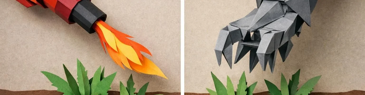 Désherbeuse thermique vs mécanique en paper craft. Comparaison visuelle des deux méthodes pour le jardin.