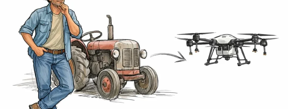 Image esquissée d'un agriculteur et matériel agricole d'occasion, prévisions agriaffaire 2026.