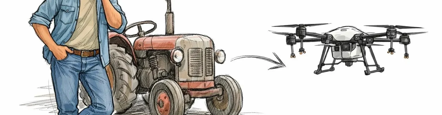 Image esquissée d'un agriculteur et matériel agricole d'occasion, prévisions agriaffaire 2026.