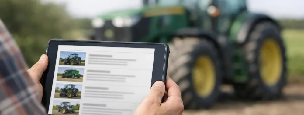 Farmer cherche matériel agricole fiable sur Le Bon Coin toute la France avec tablette près d'un tracteur.