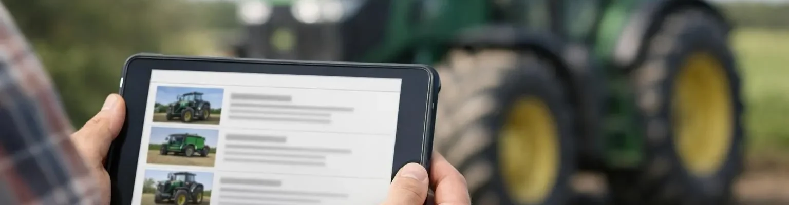 Farmer cherche matériel agricole fiable sur Le Bon Coin toute la France avec tablette près d'un tracteur.
