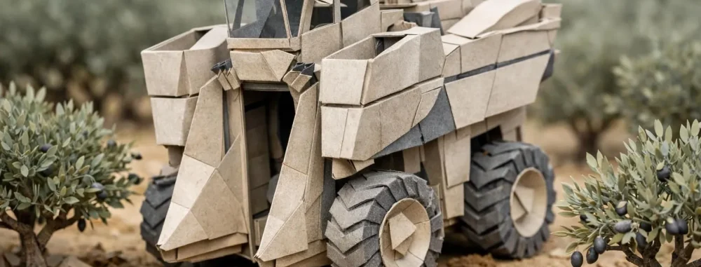 Récolteuse olive prix : Illustration papier d'une machine de récolte d'olives dans un champ, soulignant son coût et les modèl