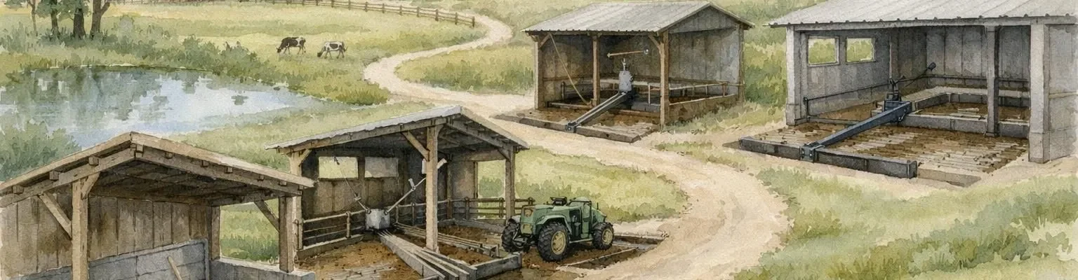 Aquarelle d'un cheminement visuel pour sélectionner un racleur à lisier adapté aux petites exploitations agricoles.