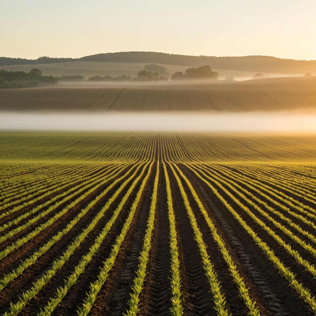 [Un champ agricole verdoyant au lever du soleil, symbolisant une nouvelle ère de l'agriculture durable et innovante.]