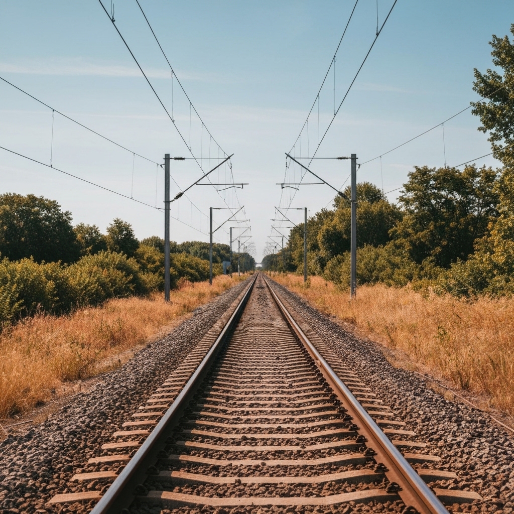 Railway tracks stretching through natural countryside landscape with wild vegetation growing alongside, morning light showing environmental context without any human presence