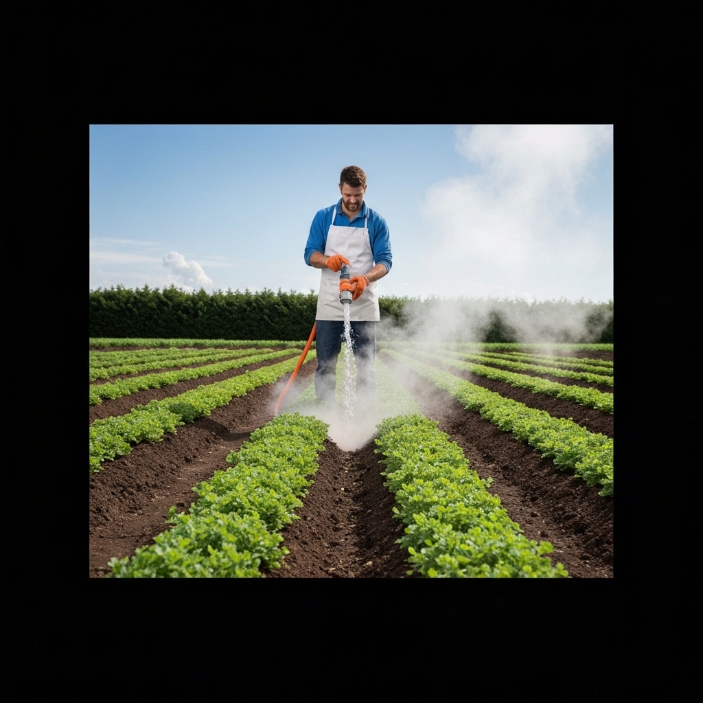 Agricultural professional operating thermal weeding equipment on gravel path between crop rows, visible water vapor rising from ground, early morning outdoor setting