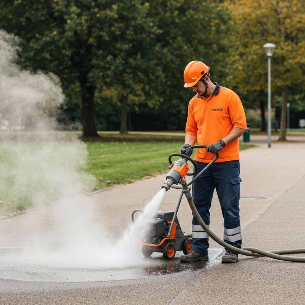 Professional municipal worker in protective gear operating thermal weeding machine with visible hot air stream on a paved urban pathway between grass areas, modern equipment with orange flame detail, realistic daytime lighting in French public park setting