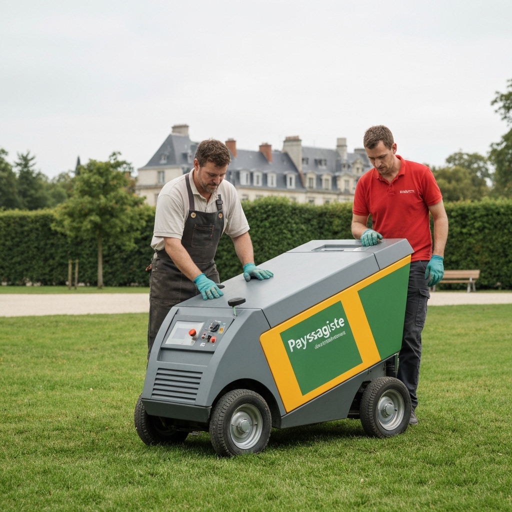 Professional landscaper operating modern mechanical weeding equipment in a public park in northern France, with wet grass and typical Hauts-de-France architecture in the background, natural lighting showing practical alternative weed control work