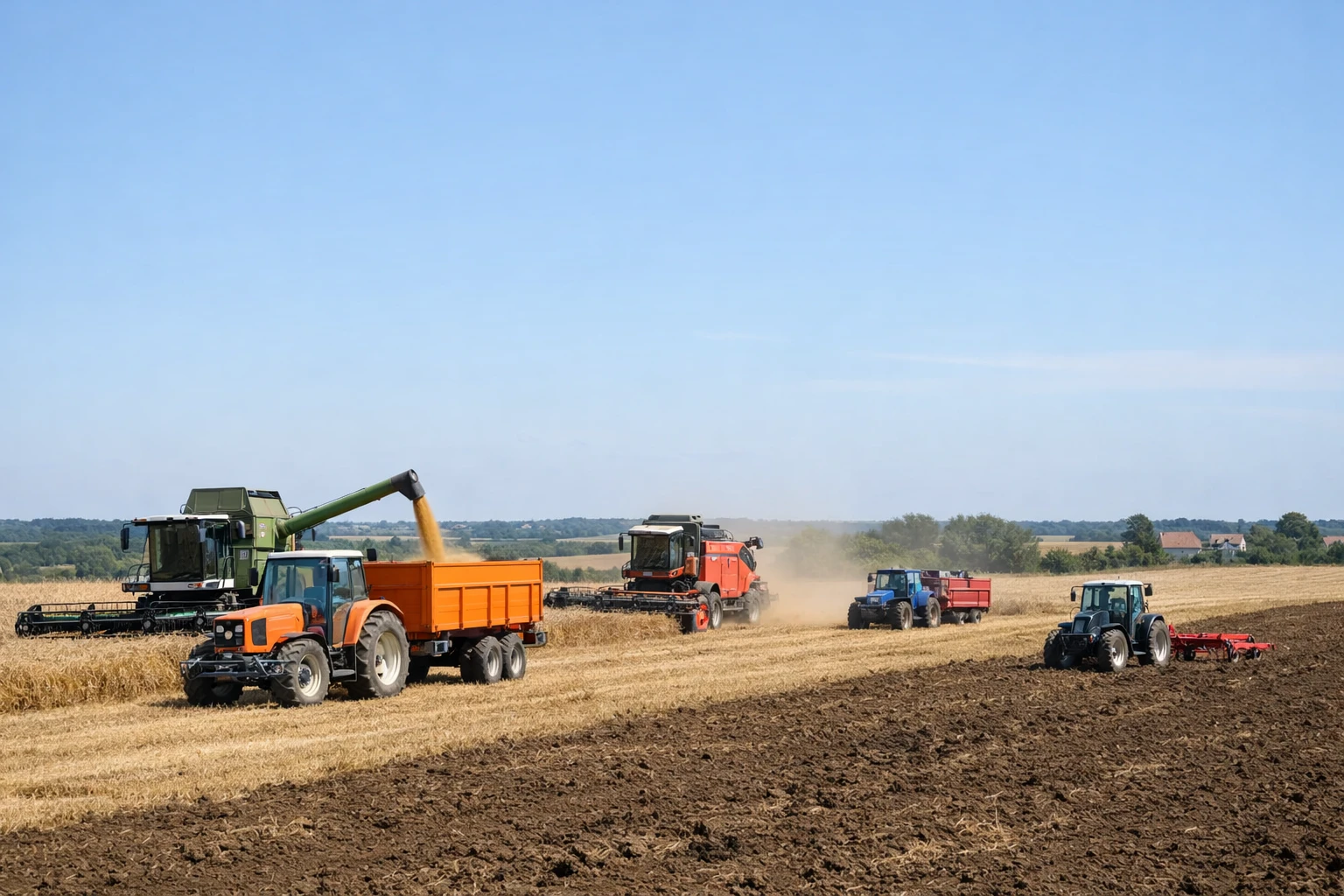 Modern agricultural machinery including tractors and harvesters working together in a large French farmland, showcasing diverse used equipment performing field operations under clear skies with fertile soil visible