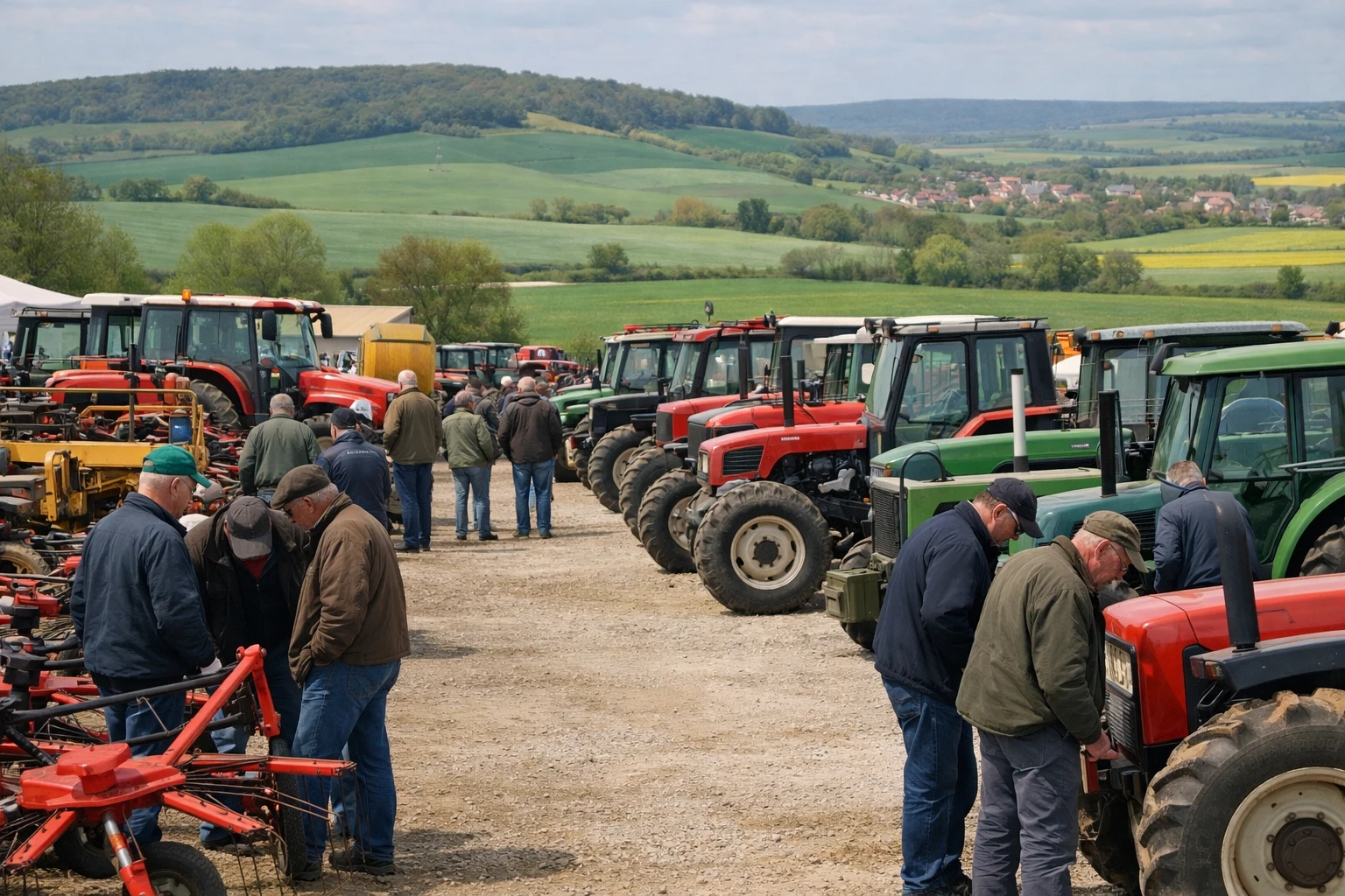 A busy outdoor agricultural marketplace in the Lorraine region with farmers examining used tractors and farm equipment displayed in rows, rolling green fields and characteristic Lorraine landscape visible in the background, people inspecting machinery, realistic documentary photography style, natural daylight