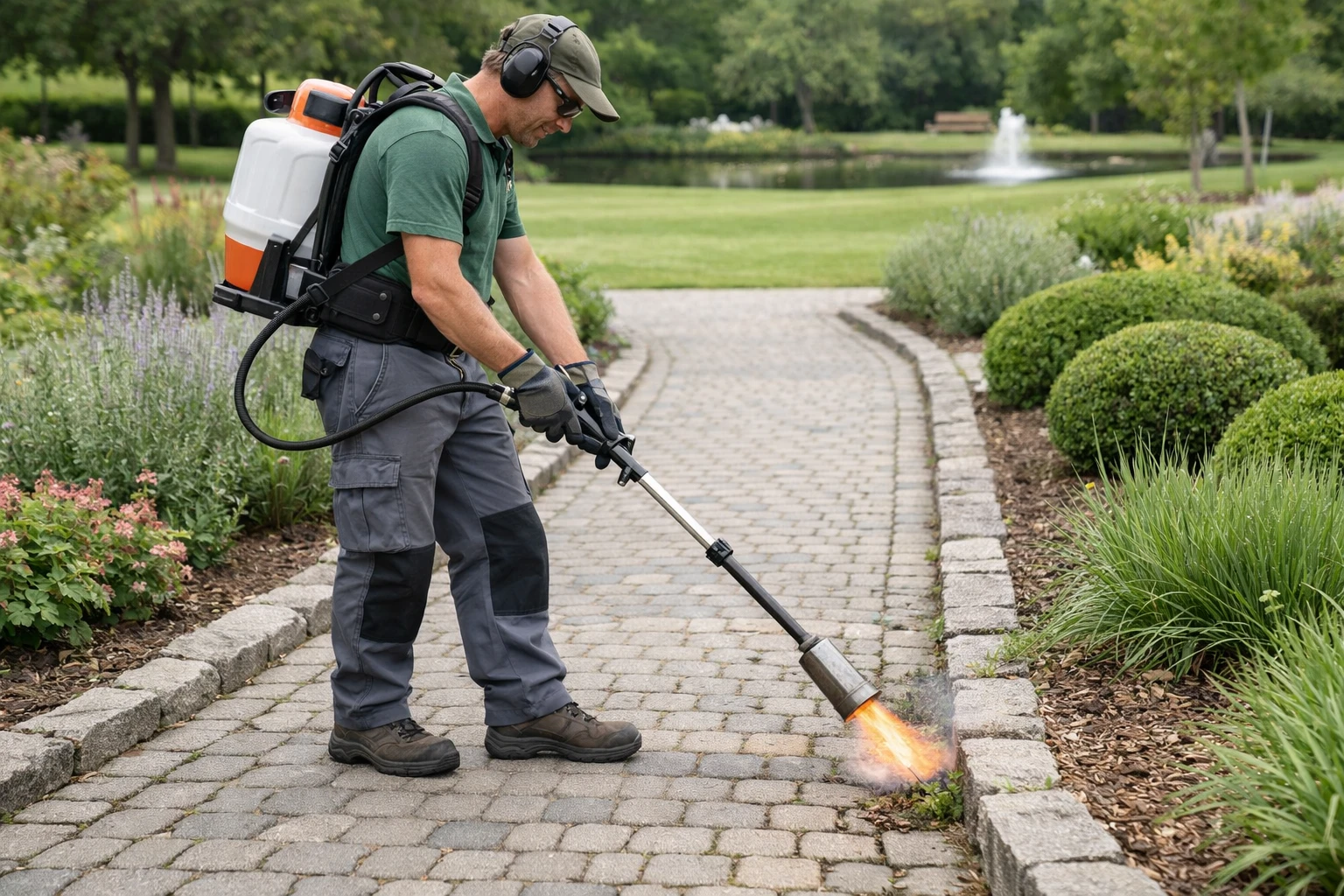 Professional landscaper operating a thermal gas weeding machine on a paved pathway between garden beds, modern agricultural equipment with visible flame nozzle treating weeds along stone edges, French municipal park setting with green spaces in background