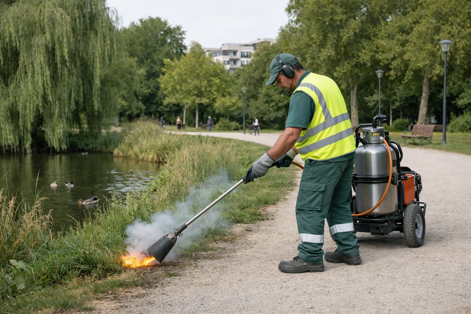 Professional maintenance worker using thermal weeding equipment in a French municipal park, modern ecological landscaping approach with sustainable machinery visible, natural urban environment without chemical sprays, realistic documentary style photograph