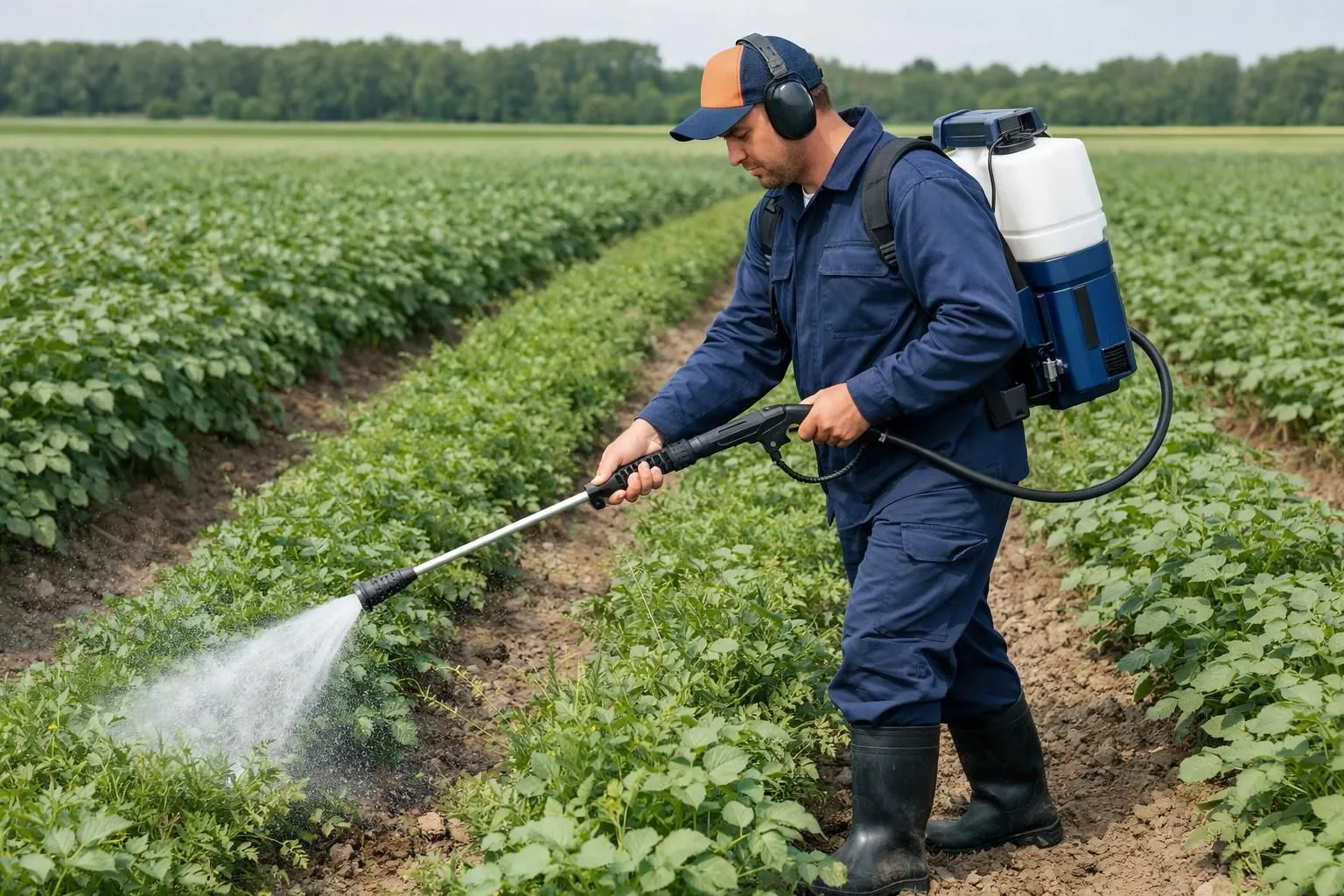 Professional agricultural worker using high-pressure water lance between crop rows, visible water spray targeting weeds on soil, modern farming equipment, outdoor field setting with green crops in background