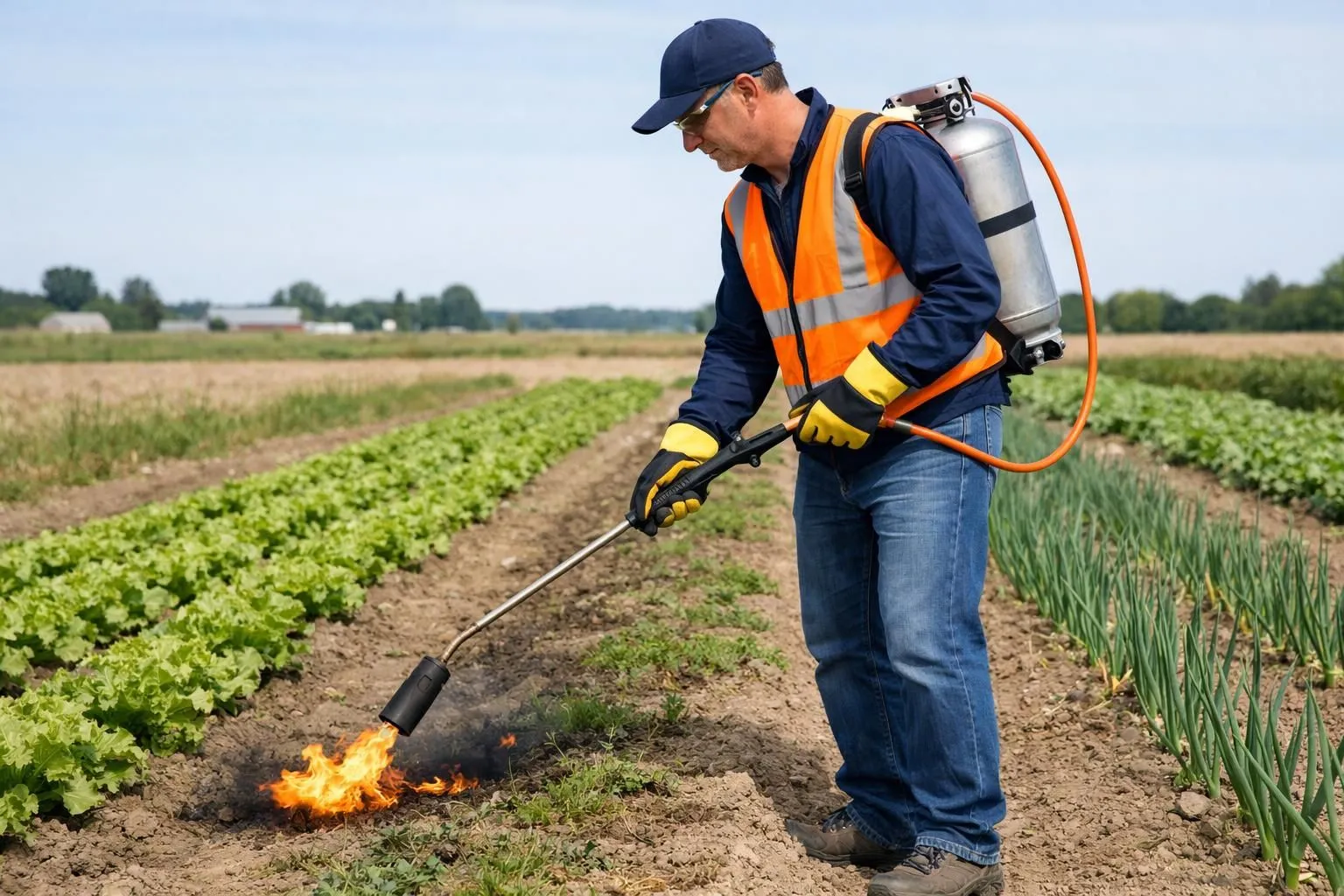 Professional farmer using handheld flame weeding torch in vegetable crop rows, wearing protective gloves and safety vest, agricultural field setting with visible safety equipment, realistic daylight photography