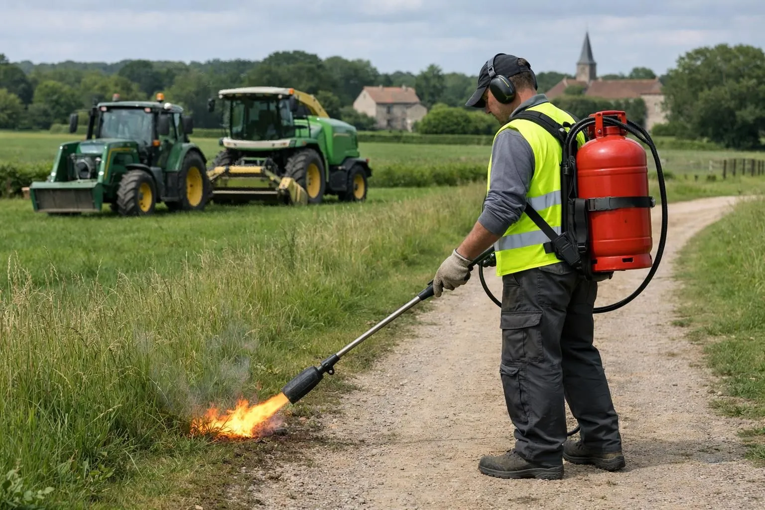Professional worker in high-visibility vest operating thermal weeding equipment on agricultural pathway with sustainable machinery visible, rural French setting with well-maintained green spaces