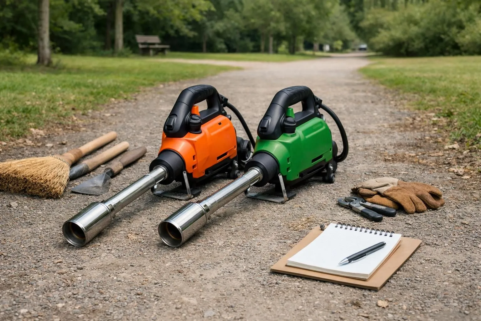 Professional landscaper comparing two thermal weeders side by side on a municipal park pathway, one orange Stihl machine and one green Weedmaster unit, with maintenance tools and notebook visible, realistic workplace photography showing decision-making process for agricultural equipment selection