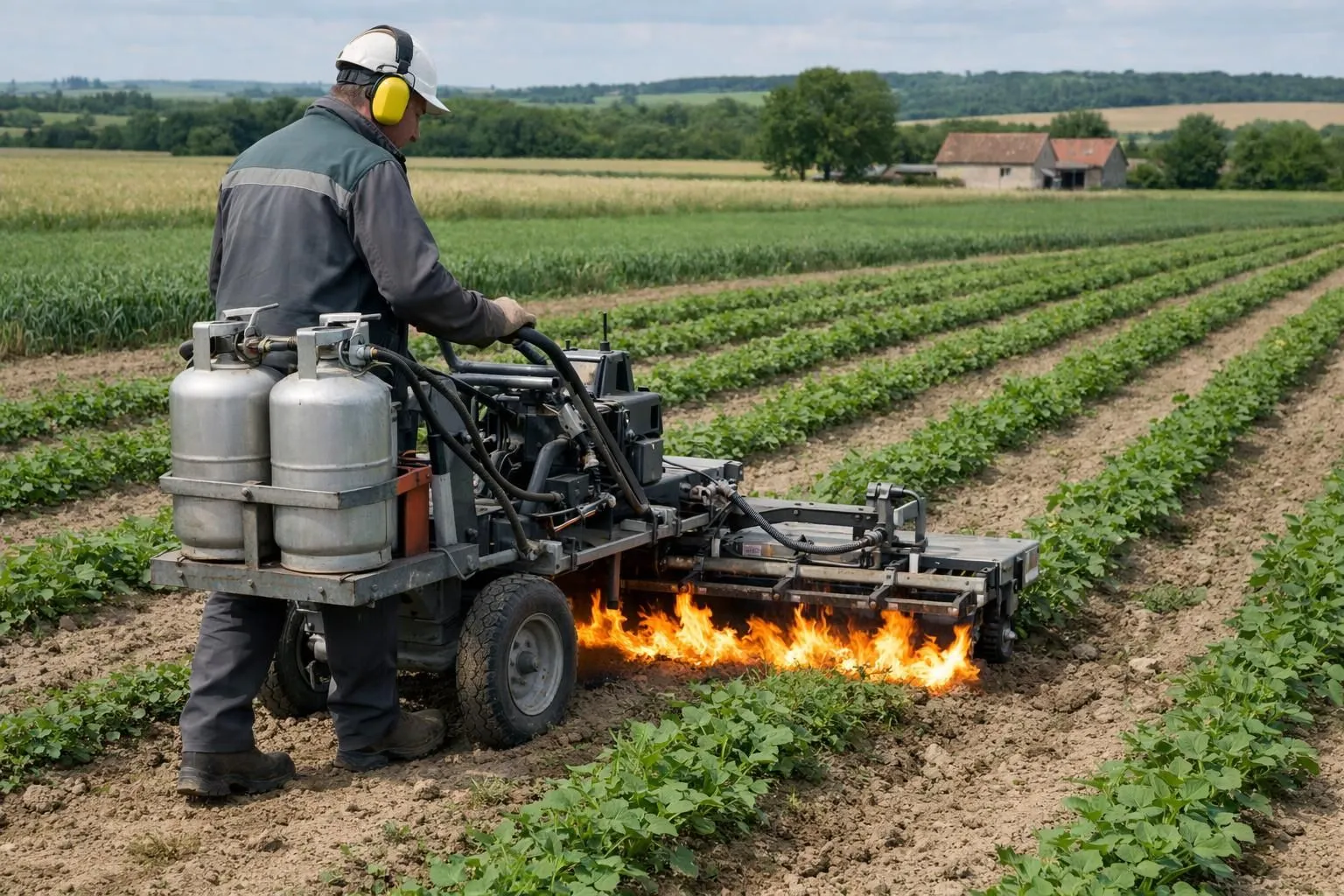Professional operator using modern thermal weeding equipment with visible flame on agricultural field between crop rows, realistic daytime scene showing precision farming technique in French countryside