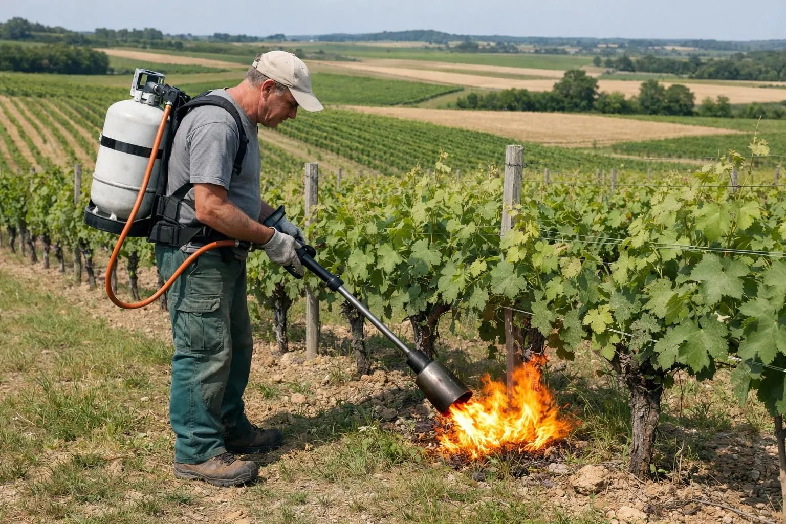 Professional farmer operating a thermal weeding device in a vineyard, flame visible on ground vegetation, sunny agricultural landscape with rows of crops in background, realistic equipment shot demonstrating eco-friendly weed control method