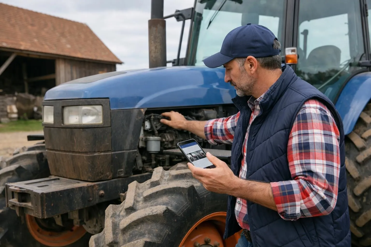 French farmer examining used agricultural tractor parked in farmyard, checking equipment quality while holding smartphone with listing details visible, rural countryside background with barn