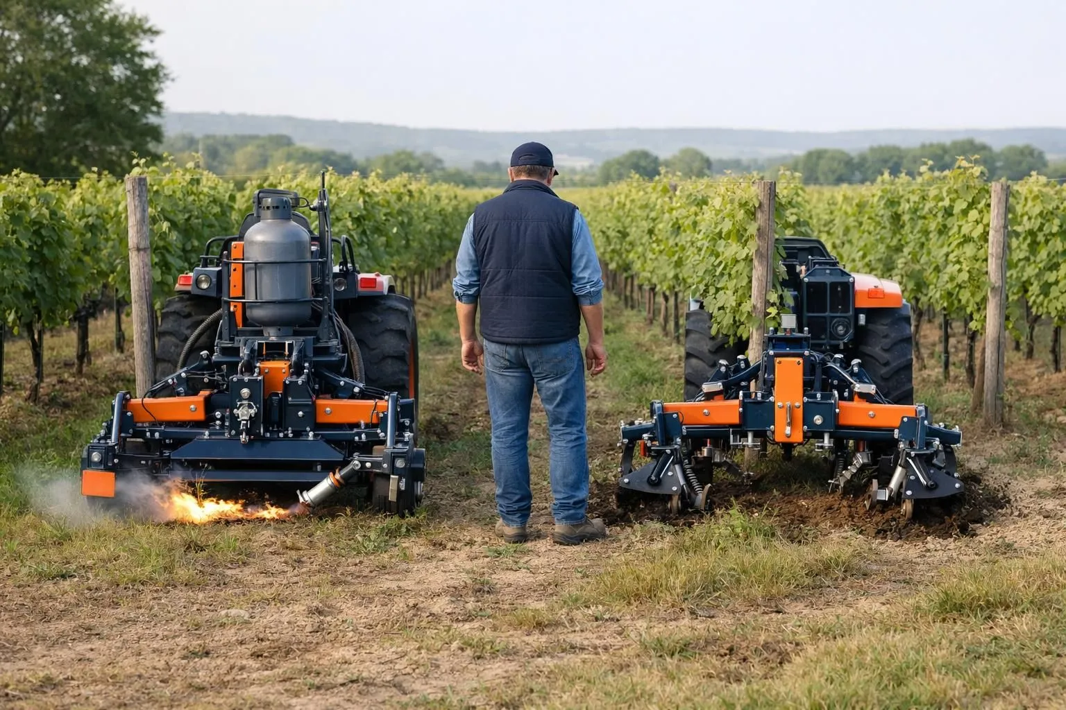 Agricultural professional operating modern weeding equipment in a vineyard between rows of grapevines, comparing thermal and mechanical weeding machines side by side, early morning natural lighting, professional farming equipment in action, realistic photography style