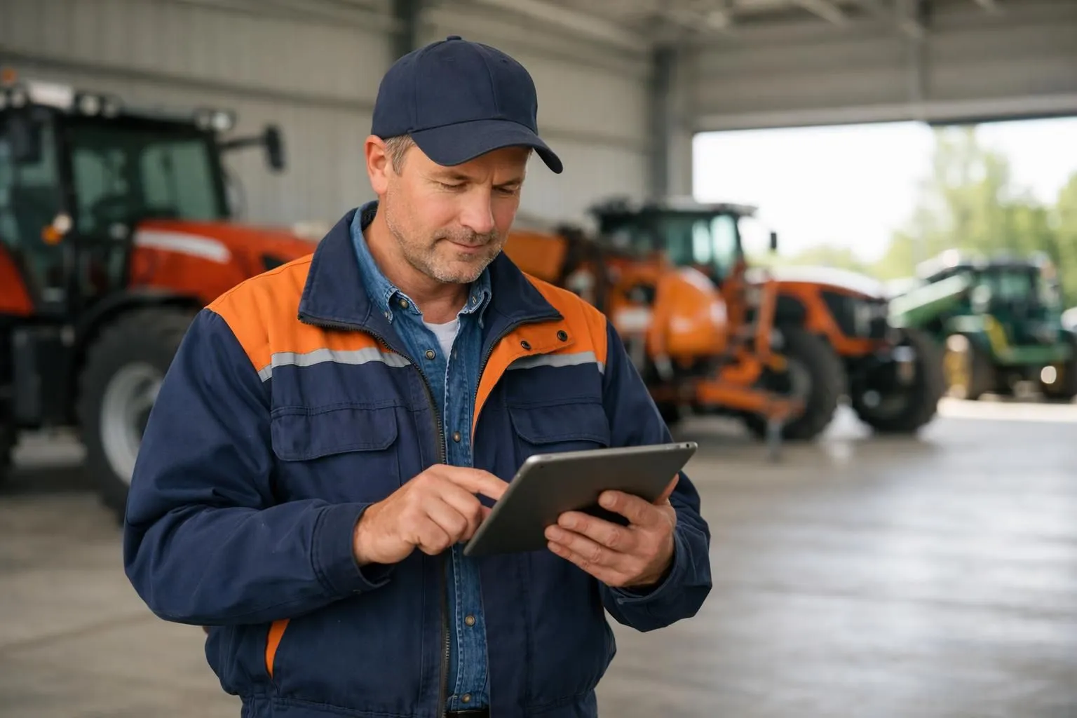 Agricultural professional in work clothes examining a tablet displaying farm equipment listings, standing in a modern barn with tractors and machinery visible in the background, natural lighting through large doors
