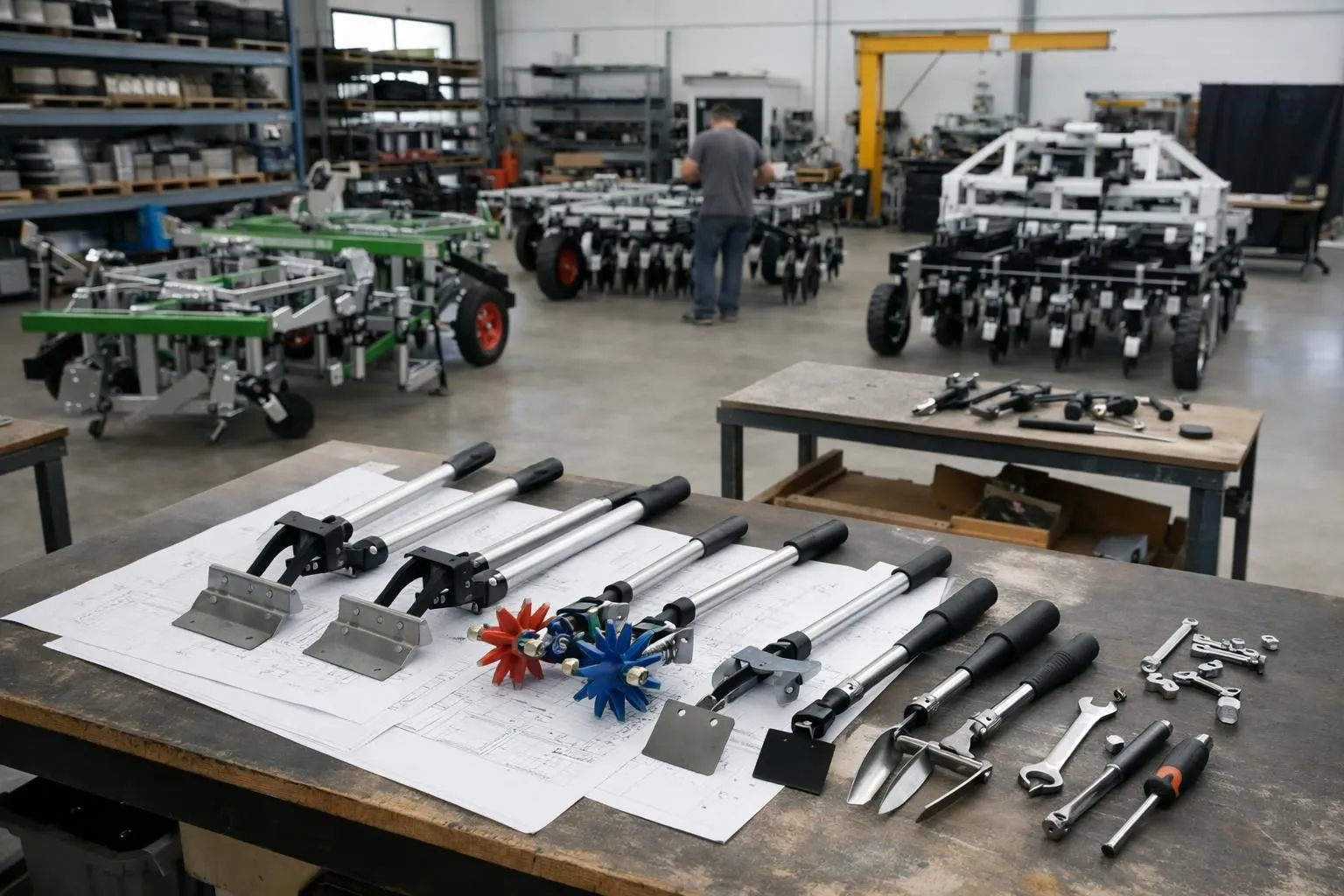 Agricultural equipment manufacturing workshop showing specialized organic farming machinery components being assembled, precision weeding tools for market gardening visible on workbench, technical drawings and prototypes in modern fabrication facility environment