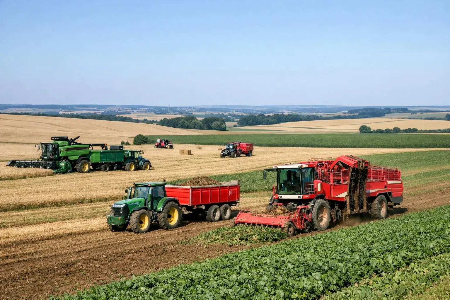 Wide Picardy agricultural landscape with various farming machines working in expansive wheat and beetroot fields, modern tractors and harvesters visible across rolling plains under bright blue sky, showcasing intensive mechanized farming typical of northern France