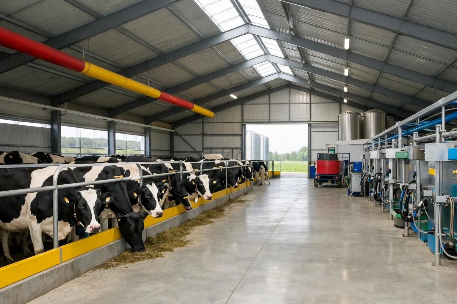 Modern dairy farm stable with clean concrete floors and healthy Holstein cows standing comfortably in bright natural light, professional agricultural equipment visible in background