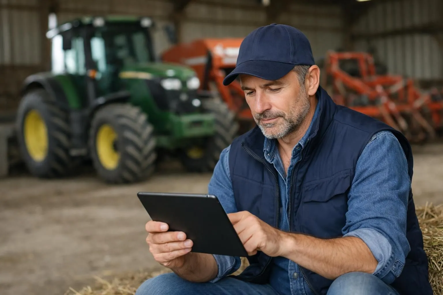 Wide shot of a French farmer browsing agricultural equipment listings on a tablet in a barn, surrounded by various tractors and farming machinery in the background, natural lighting, realistic photography style