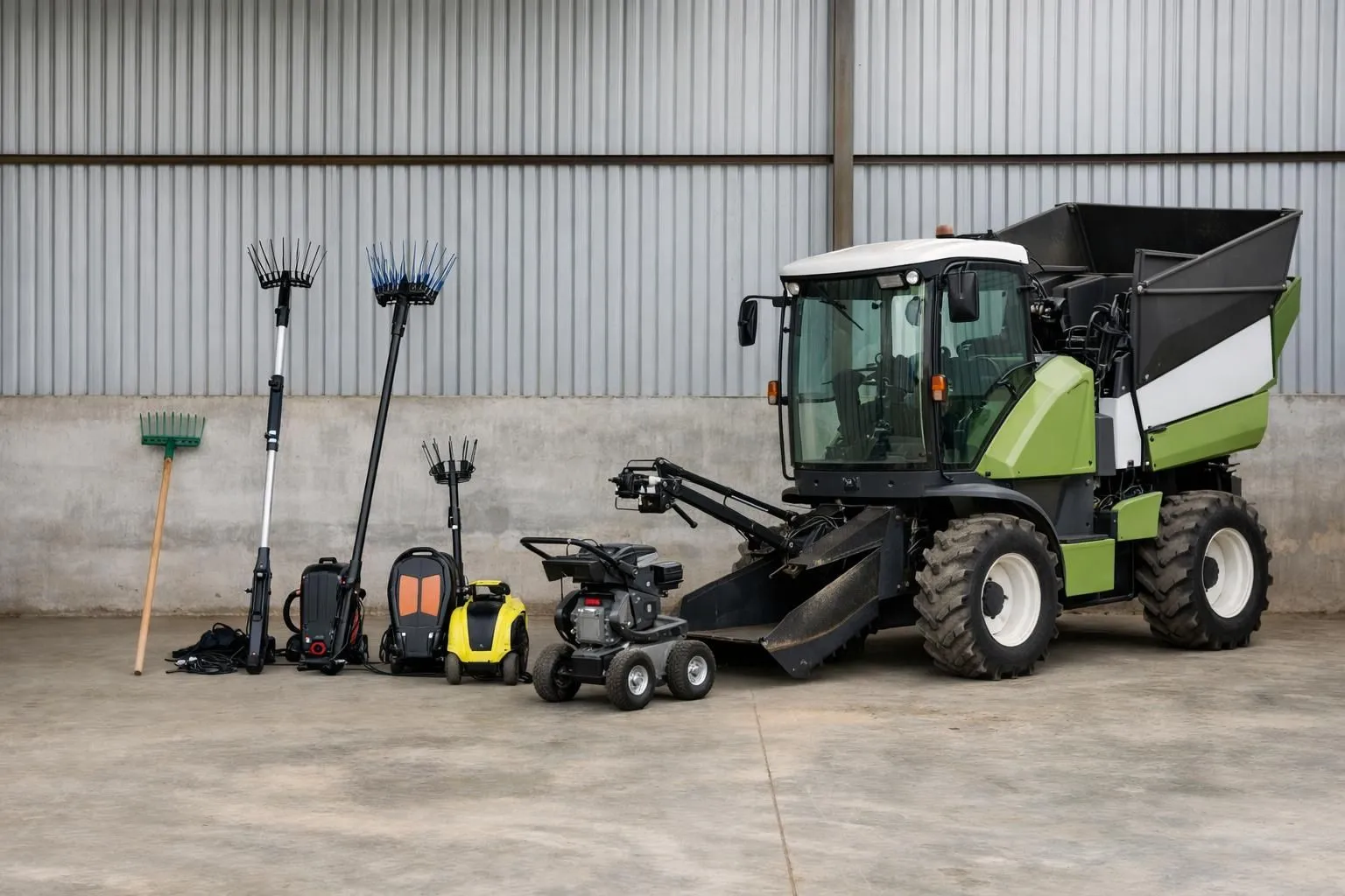 Four different types of olive harvesting equipment arranged side by side in an agricultural warehouse - from simple hand rakes and collection nets to electric combs, portable shakers, and a large self-propelled harvester, showing the range from basic manual tools to advanced mechanized machinery