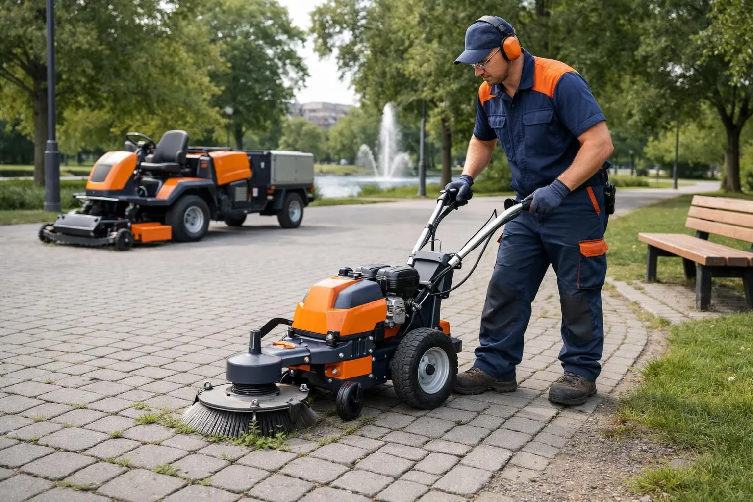 Professional landscaper using modern mechanical weeding equipment on a paved municipal walkway, with visible weeds between paving stones, urban park setting, professional machinery visible, realistic outdoor lighting, focus on sustainable maintenance work