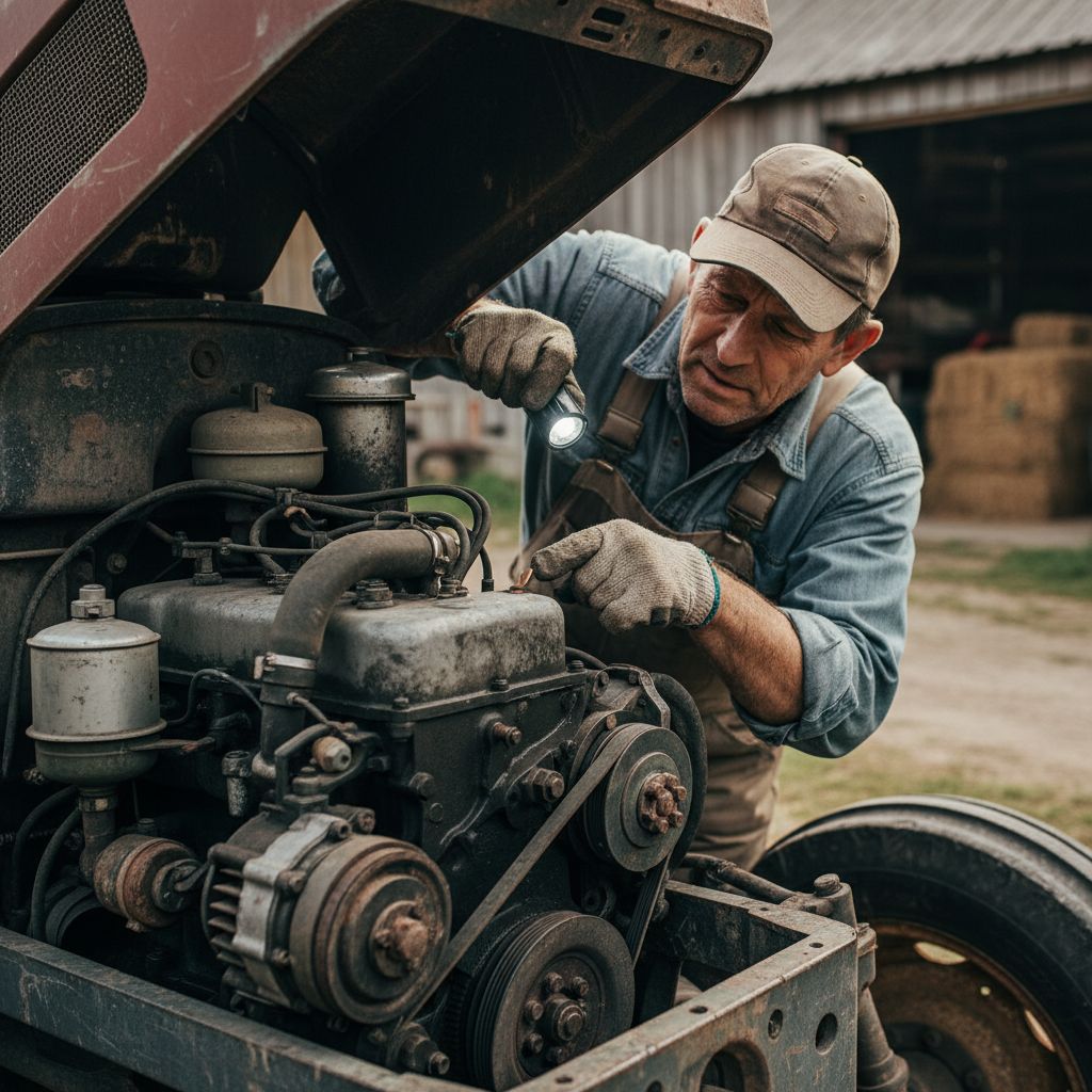 Un agriculteur inspectant de près le moteur d