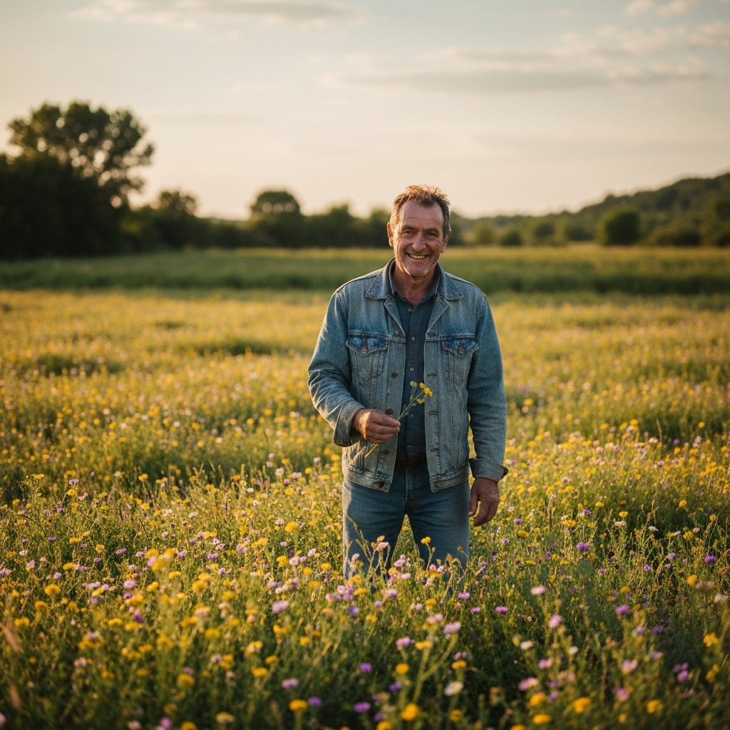Farmer closely inspecting the engine of a used tractor in a field in Ardeche landscape