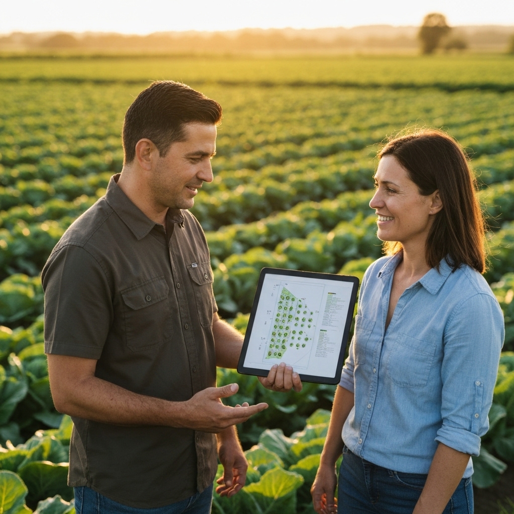 Ingénieur agronome et agriculteur discutant avec des plans sur une tablette au milieu d