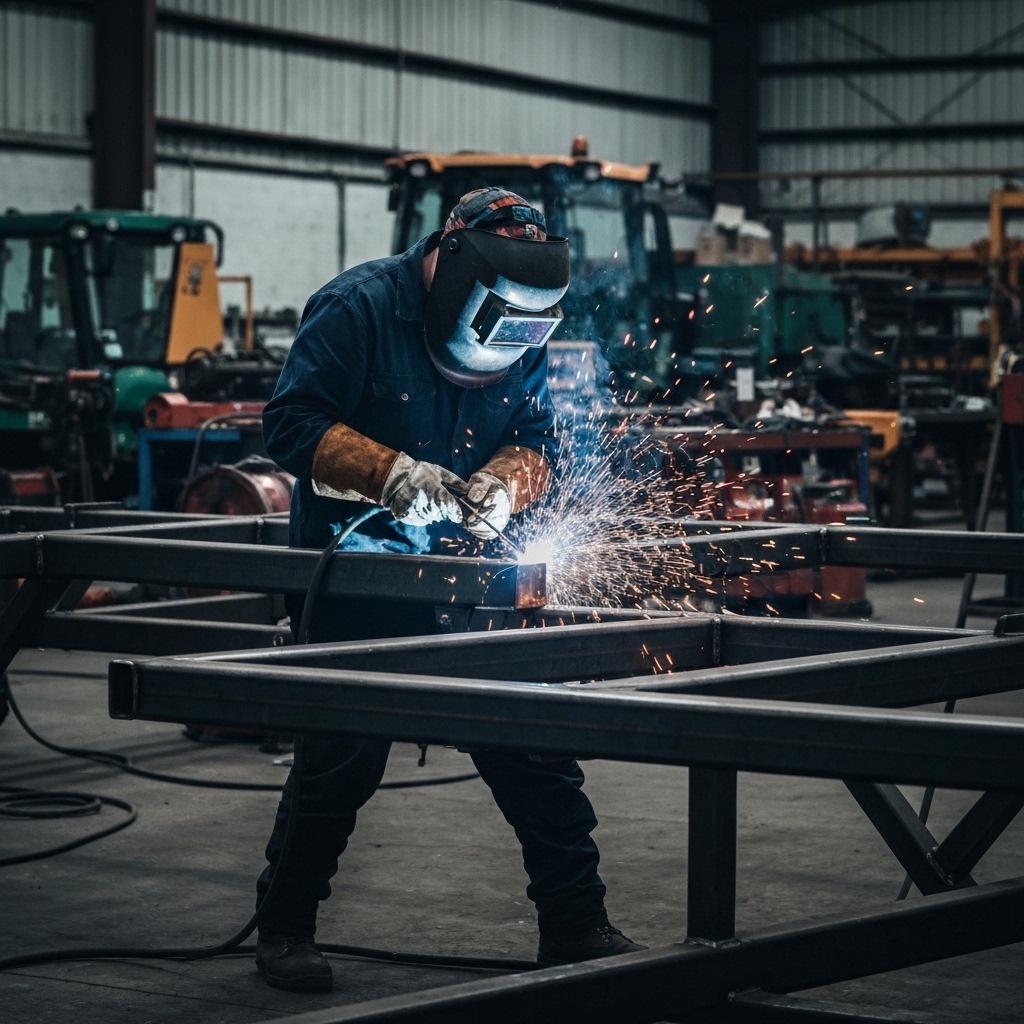 Welder wearing protective gear working on a heavy steel frame in an agricultural machinery workshop with sparks flying
