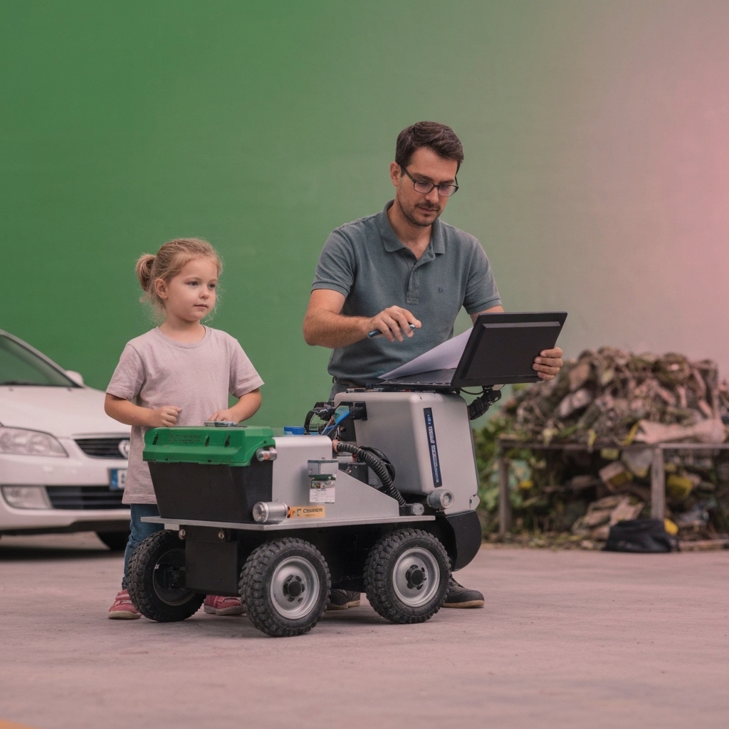Vineyard row with modern robotic weeding equipment operating between vines, precision sensors visible, sunny day with green foliage