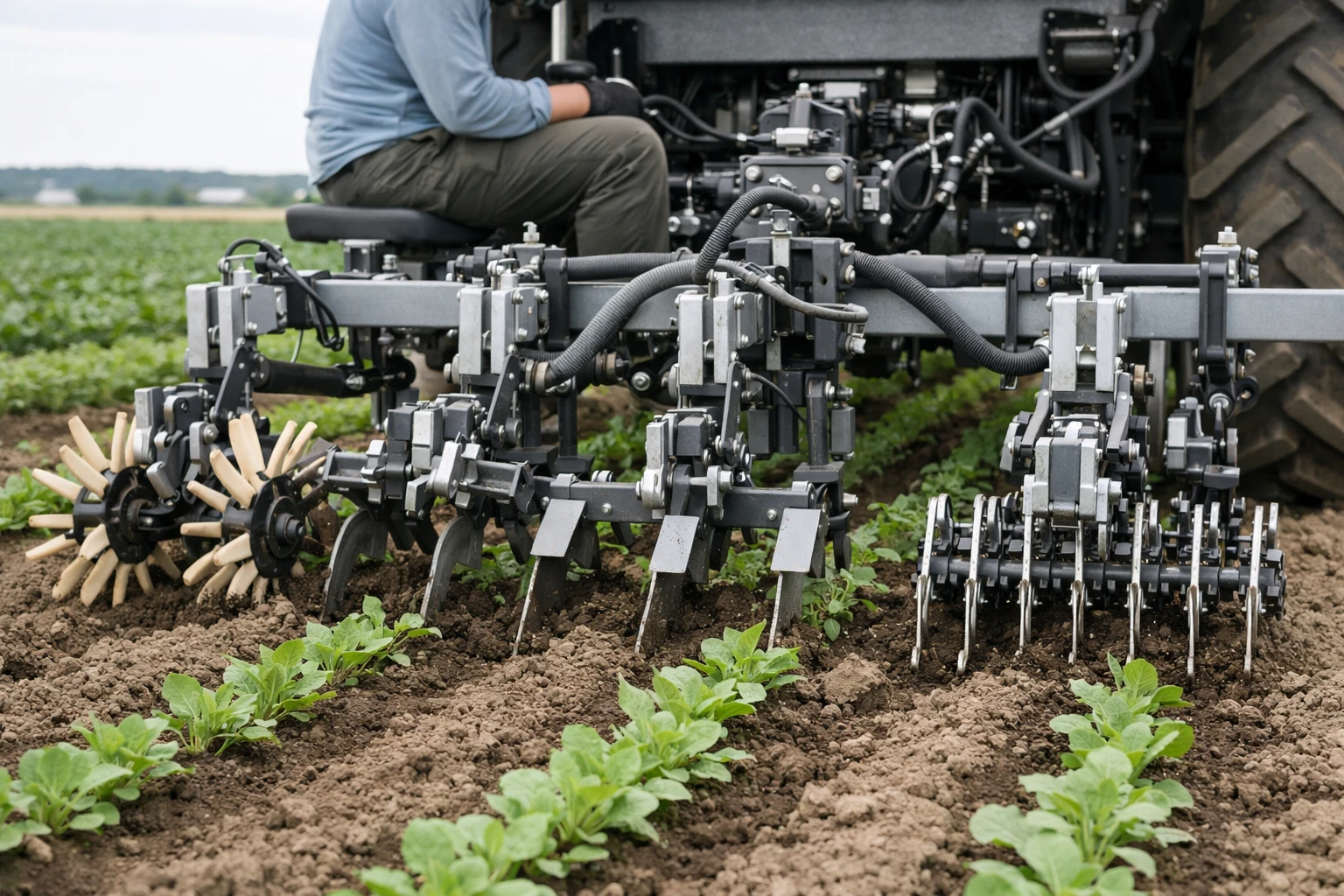 Professional agricultural worker operating mechanical weeding equipment between crop rows in a cultivated field, showing various alternative weeding tools including hoes and rotary brushes attached to machinery, rural farming landscape with healthy crops