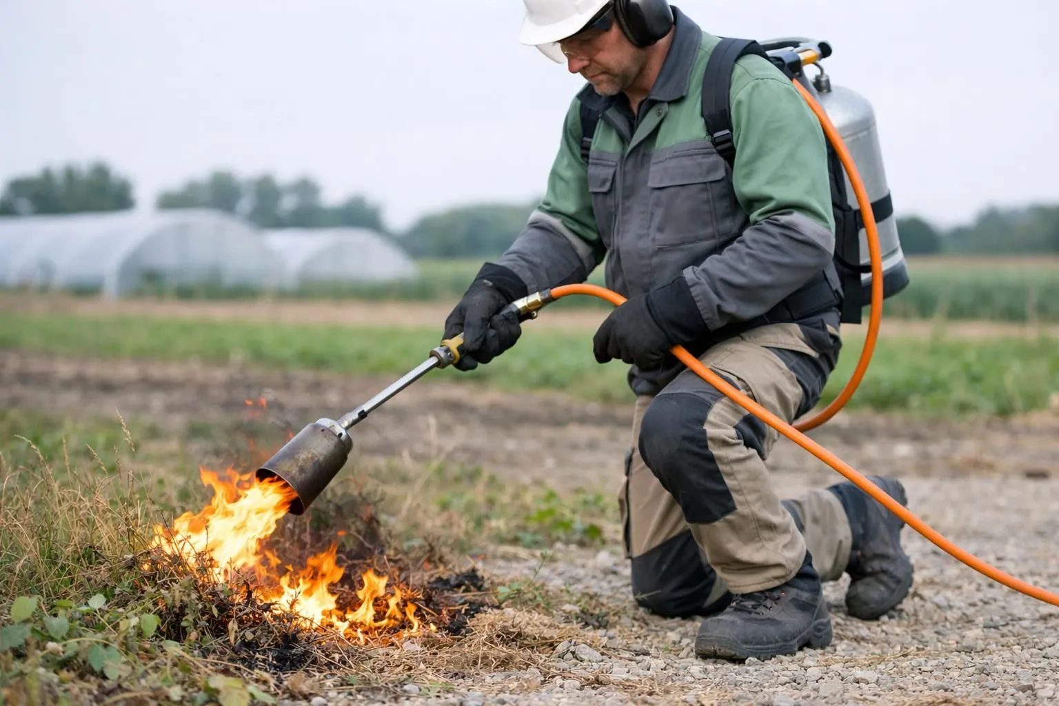 Professional operator using flame weeding torch with visible flames on vegetation, showing intense heat and safety equipment in agricultural setting, highlighting operational dangers and protective measures