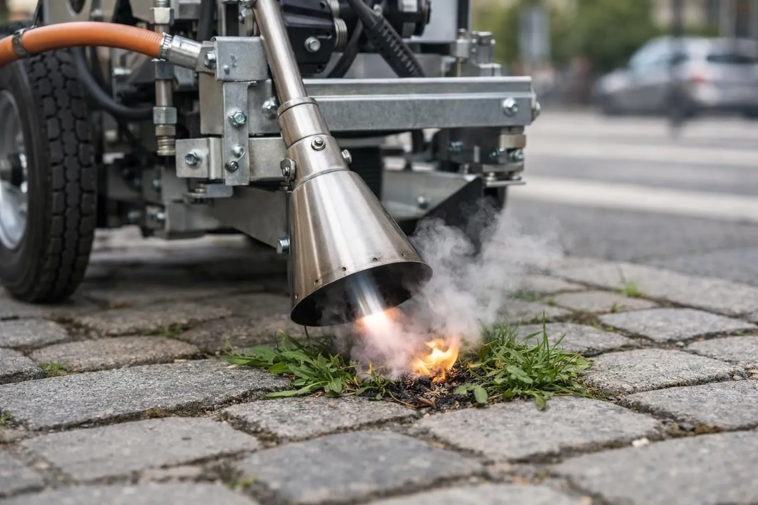Close-up view of a professional thermal weeding machine with visible flame nozzle working on weeds between pavement stones in an urban environment, showing the equipment's metal construction and practical application on vegetation