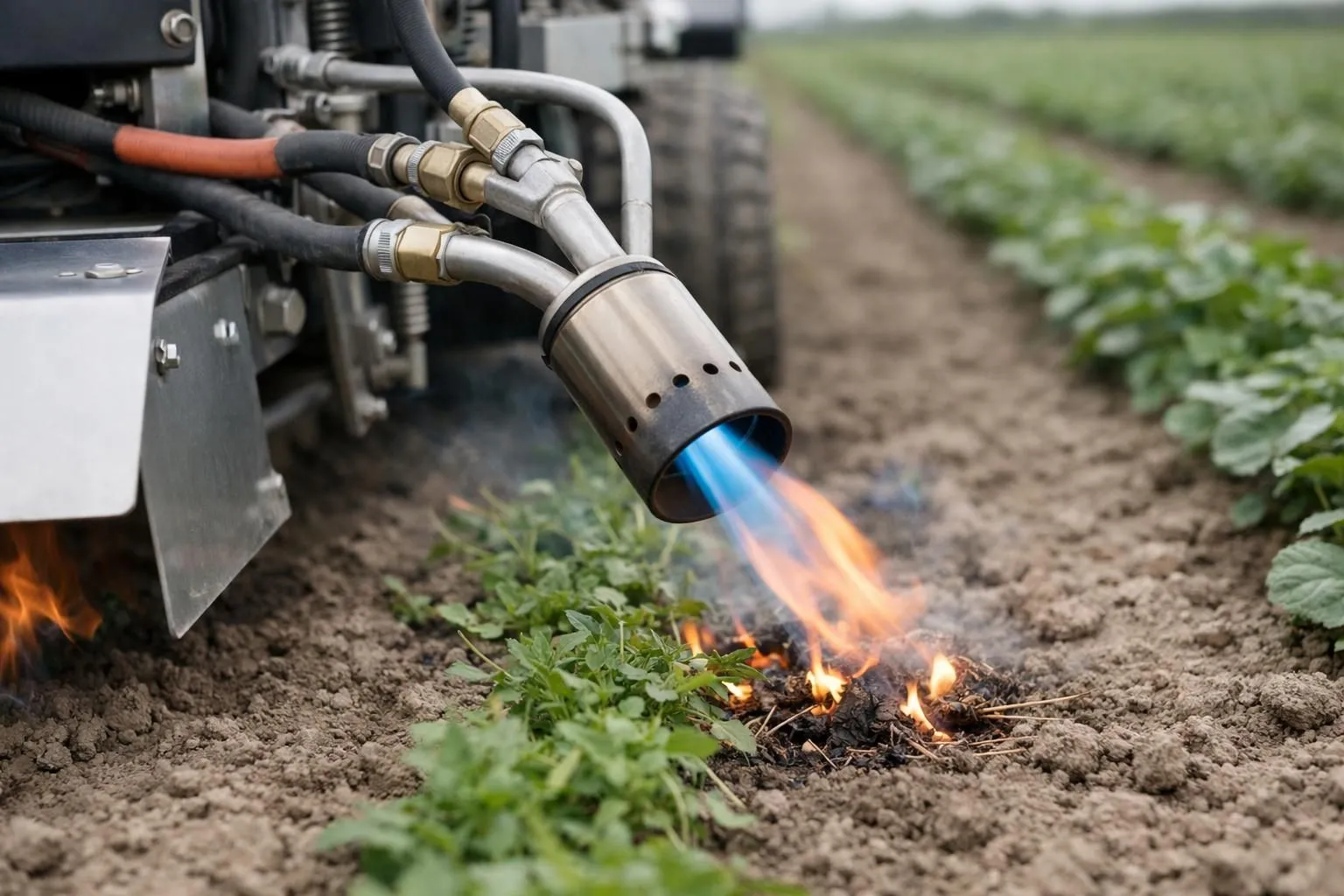 Close-up view of professional thermal weeding equipment applying controlled flame to weeds on soil between agricultural rows, showing technical nozzle detail and heat application process
