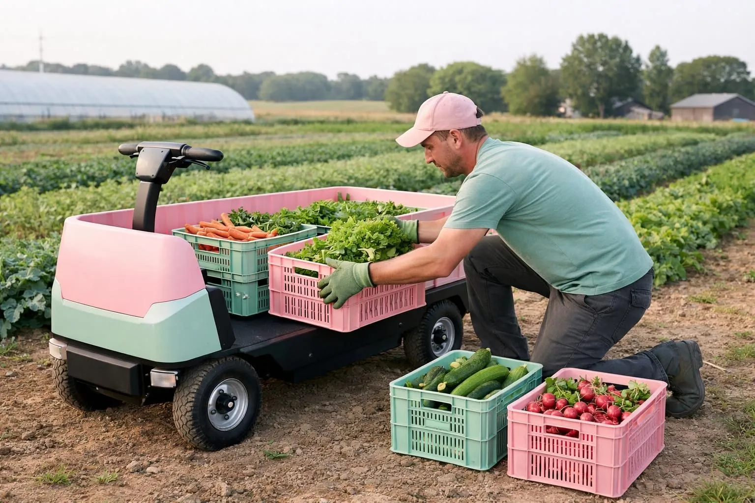 Electric assistance cart being used by a farmer in a Brittany vegetable field, loading harvested produce with ergonomic positioning, morning light, realistic agricultural setting