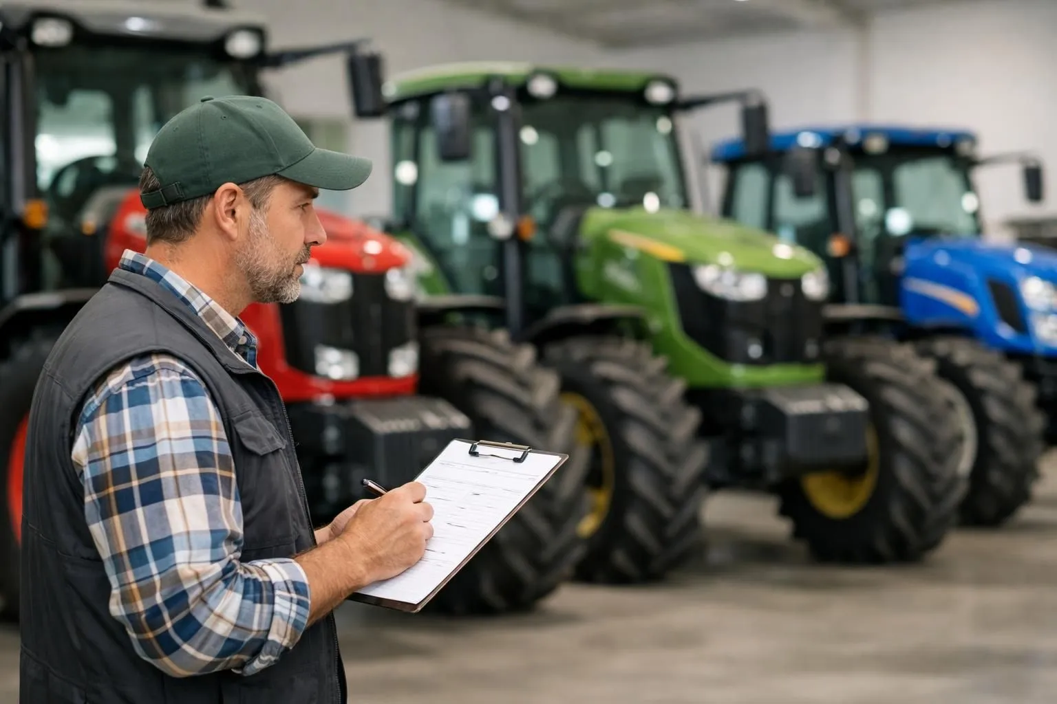 Farmer in working clothes examining a tractor in an equipment dealership, holding a checklist and comparing different agricultural machinery models side by side
