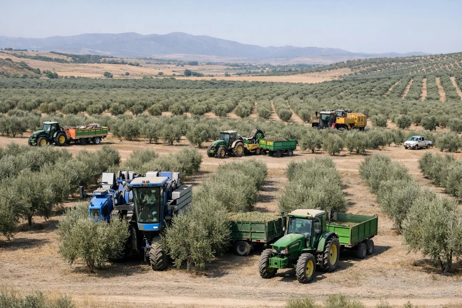 Olive grove with rows of olive trees showing different orchard sizes from small family plots to large commercial orchards, machinery visible at different scales in a Mediterranean landscape under clear sky