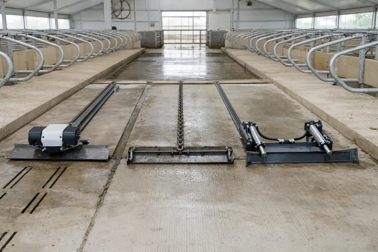 Small dairy farm barn interior showing three different manure scraper systems side by side: an electric rail-mounted scraper with visible motor and cable mechanism, a chain-driven scraper with metal links, and a hydraulic pusher system with cylinders, in a clean modern livestock facility with concrete floors