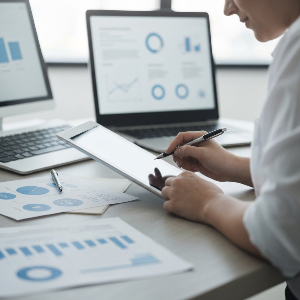 Gestionnaire de collectivité analysant des données de coûts et d'efficacité sur une tablette, équipement de désherbage en arrière-plan