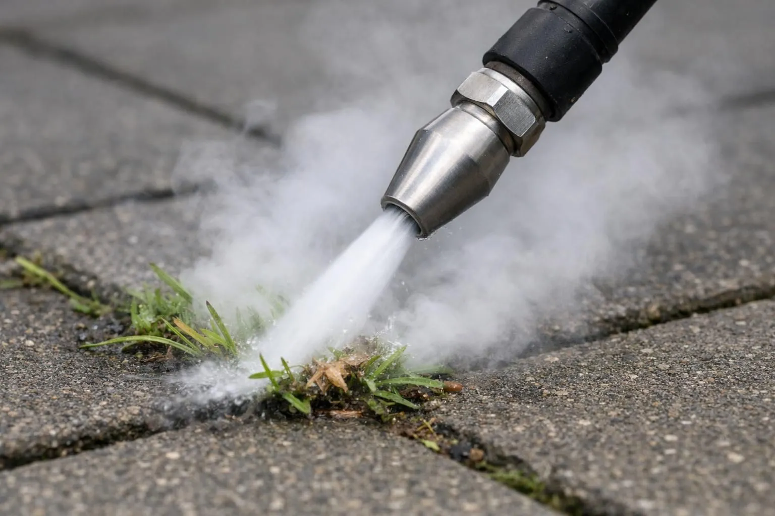 Professional operator using high-pressure hot water weeding lance on paved urban surface, visible steam rising from contact point with weeds between concrete slabs, close-up view showing water jet impact and thermal effect on vegetation
