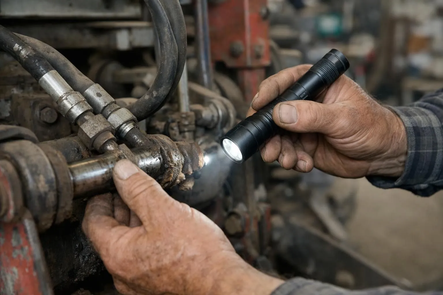 Professional farmer carefully inspecting hydraulic components and mechanical parts of used agricultural equipment, checking wear points with flashlight in workshop setting, realistic photography