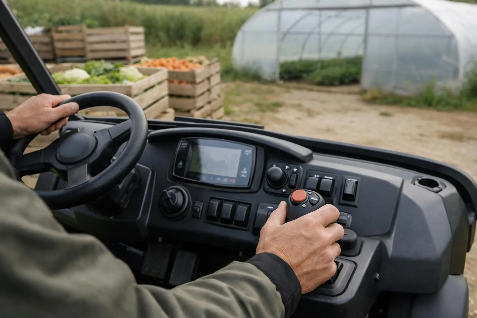 Professional agricultural technician demonstrating compact electric cart to farmers in Breton farm setting with vegetables crates, greenhouse visible in background, realistic outdoor training scene, no text